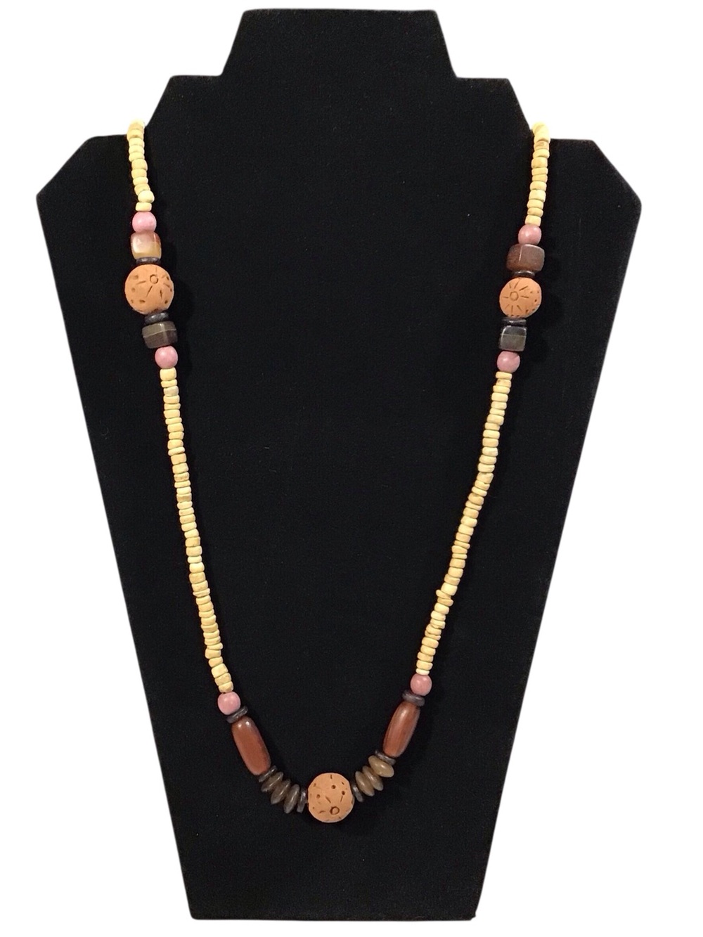 Handcrafted Wooden Bead Necklace Brown Cream Fashion Jewelry